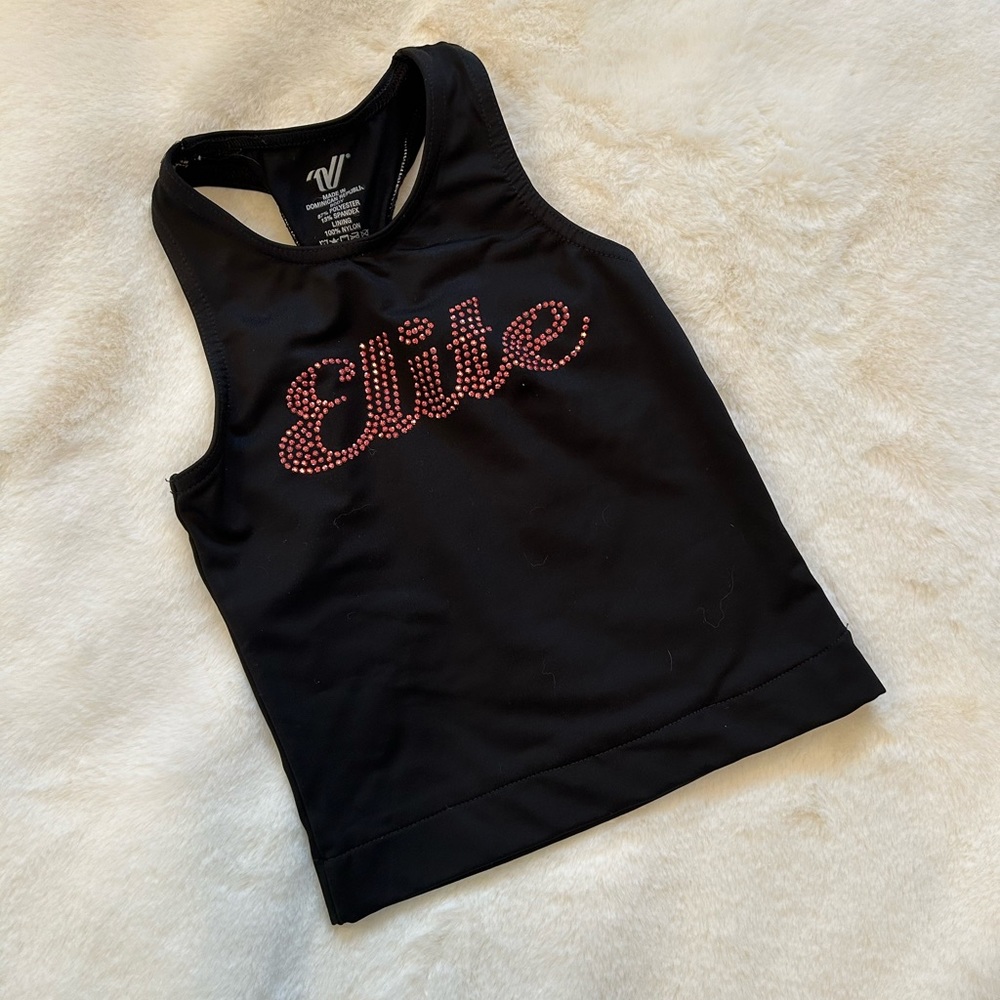 Varsity Girls Cheerleading Black Tank Top with Red “Elite” Rhinestones YXS or YS
